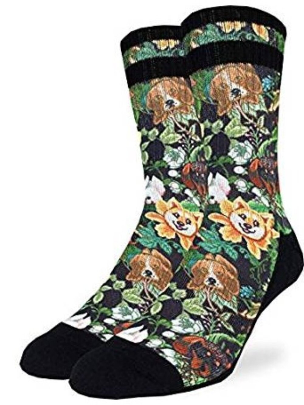 Good Luck Sock Floral Dog Pattern Socks Adult Size 8-13 Active Fit Black Multico